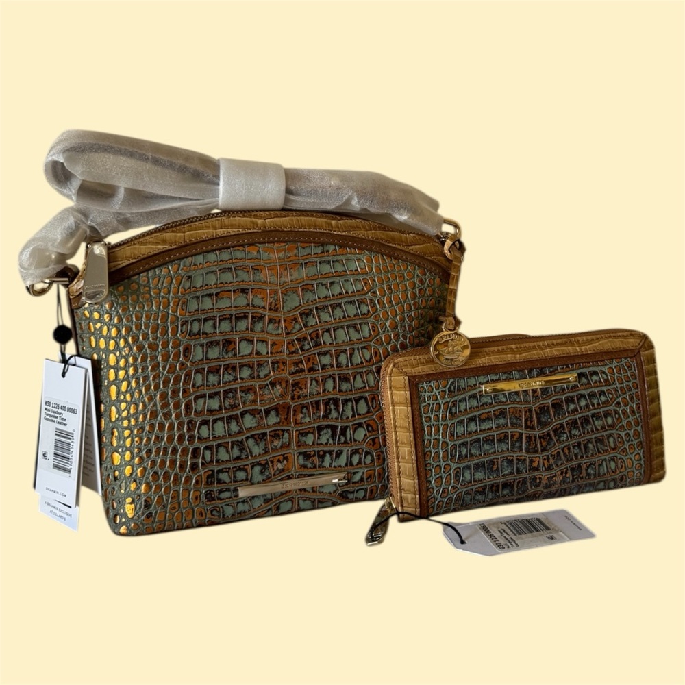 Brahmin Gold and Brown and Teal Crossbody w/Suri wallet Bag Set
